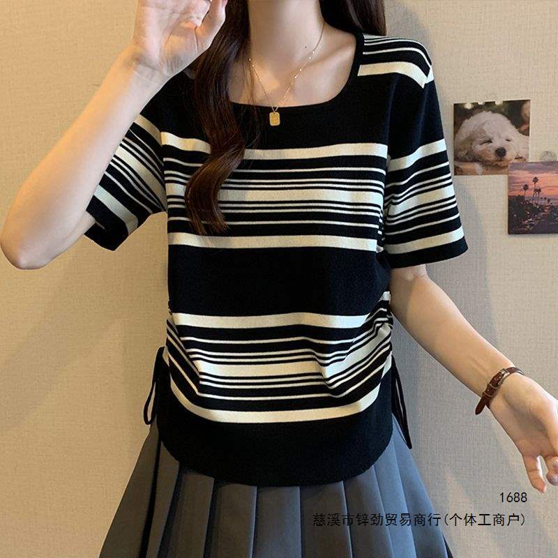 Plus-size ice silk striped short-sleeve T-shirt for women, new summer style for plus-size ladies, slimming and tummy-concealing, square-neck, drawstring, lightweight top Plus-size ice silk striped short-sleeve T-shirt for women, new summer style for plus-size ladies, slimming and tummy-concealing, square-neck, drawstring, lightweight top