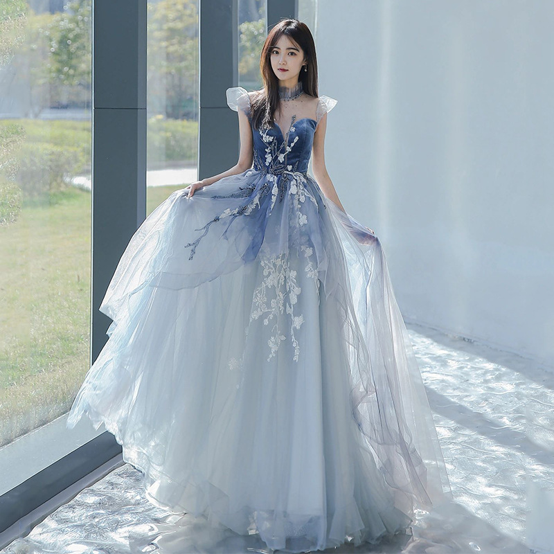 Vestido Azul 2025, Nuevo Estilo de Otoño, Manga con Volantes, Vestido Largo de Fiesta para Eventos Sociales, Ceremonia de Mayoría de Edad, Examen de Arte, Banquete, Vestido de Noche