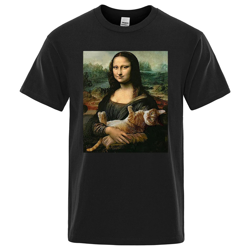 Funny Mona Lisa cat print men's summer cotton loose breathable collar fashion casual short T-shirt