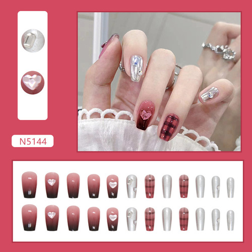 Sweetheart Grid Gradient Spicy Girl Mirror Drill Embedded Nail Silver Gray Metal Texture Diamond Stack Nail Wearable Nail Artificial Nail