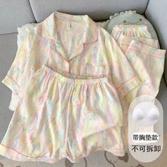 带胸垫晕染花朵睡衣女款夏季云朵纯棉纱短袖甜美少女三件套家居服