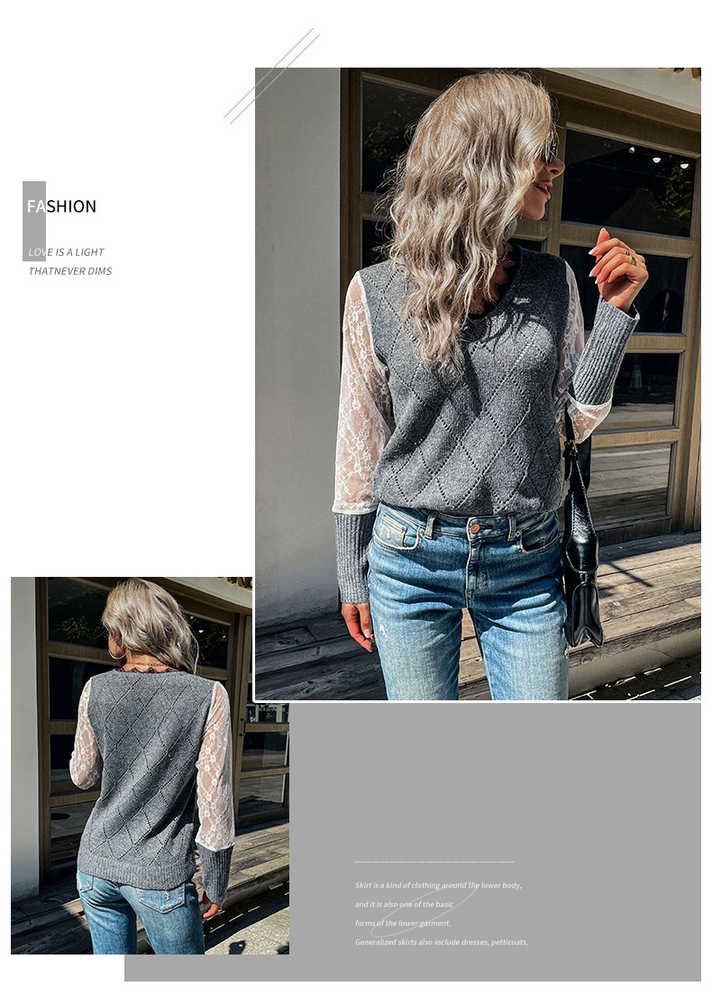 Maglione pullover con scollo a V e cuciture in pizzo tinta unita_voghion.com