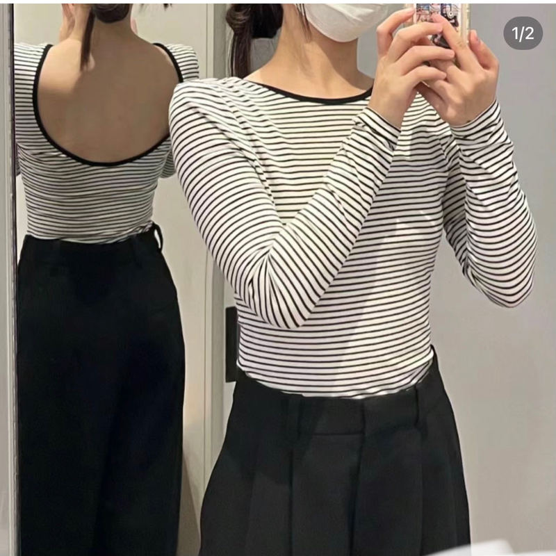 C women's clothing 2023 autumn new slim-fit spoon collar Pinstripe long-sleeved T-shirt top 1100814002