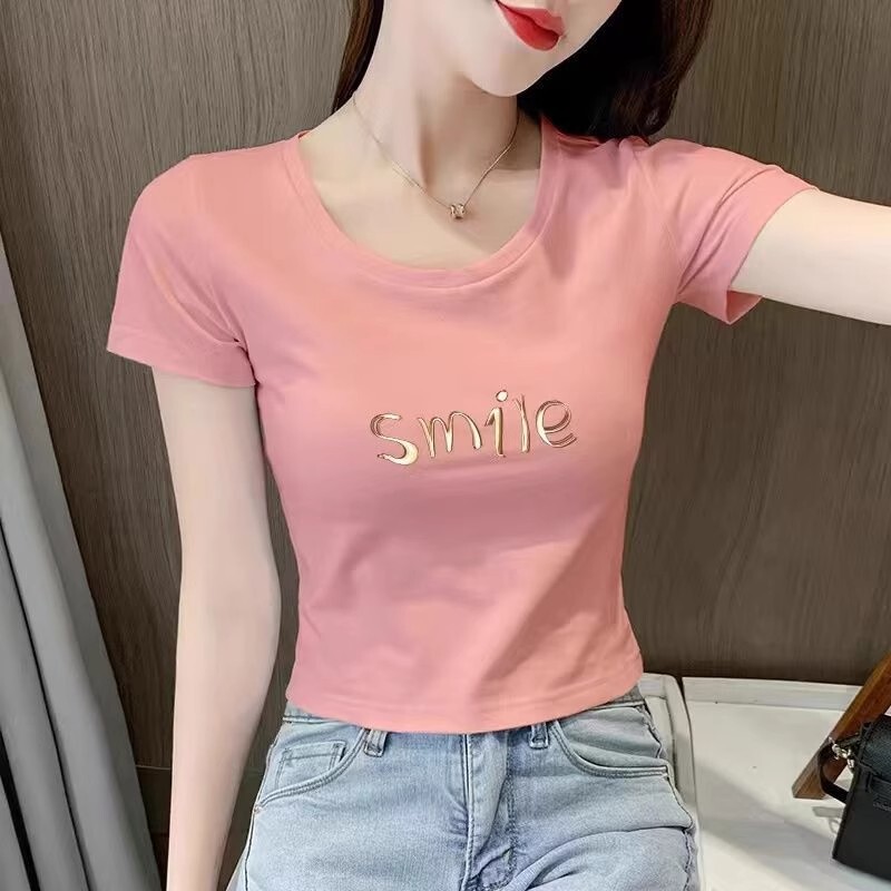 Short T-Shirt Women's Short-Sleeved White Navel-Baring High-Waisted Tight Top Slim Round Neck Small Half-Sleeved Design Summer Short T-Shirt Women's Short-Sleeved White Navel-Baring High-Waisted Tight Top Slim Round Neck Small Half-Sleeved Design Summer
