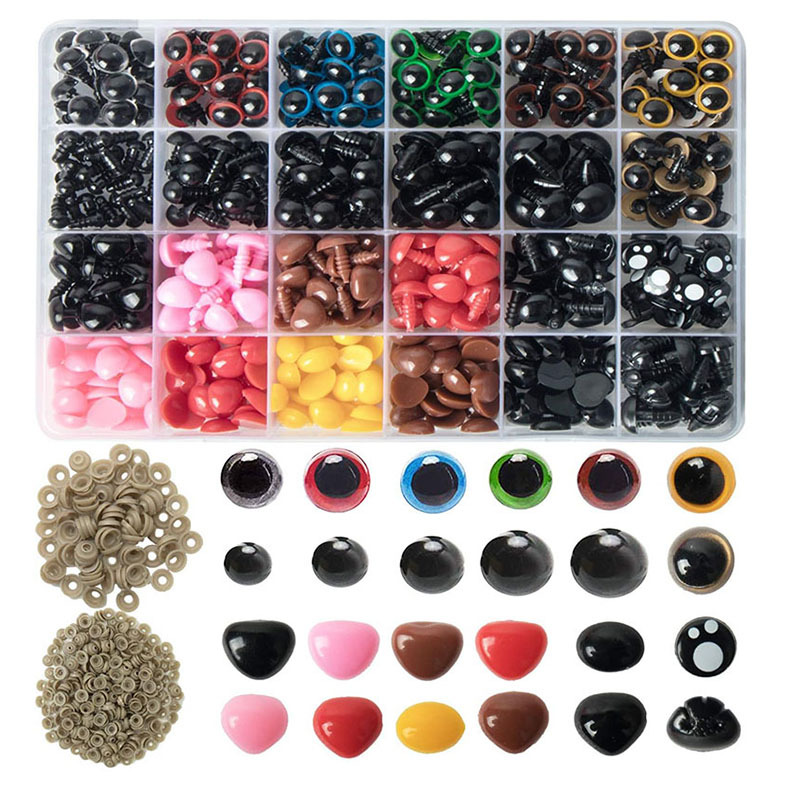 Set de 1040 piezas de ojos y narices de plástico negro para muñecas, accesorios DIY en caja de almacenamiento