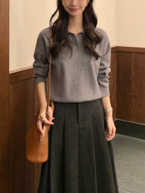 pusunede 慵懒基因 polo领套头毛衣女春秋宽松慵懒长袖针织衫上衣|undefined