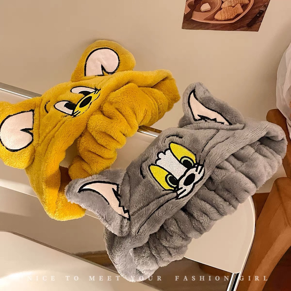 Tom Jerry, gatos y ratones lindos, banda de pelo de lavado de la cara, máscara de maquillaje, banda de pelo elástica, joyas de pelo elásticas