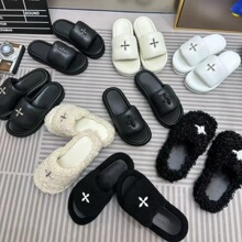 高版本 吴宣仪同款十字花毛毛拖羊毛绒黑色经典厚底S家休闲拖鞋女