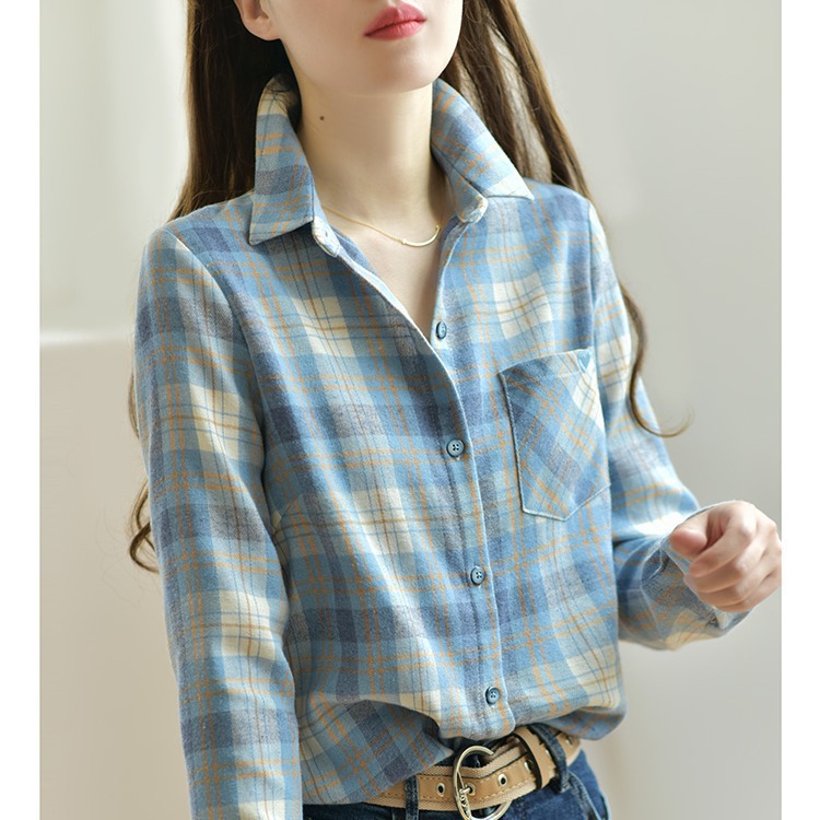 2025早春新款女装磨毛英伦风休闲外穿衬衣气质蓝色格子衬衫女长袖