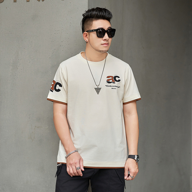 【Clearance/All Sizes】T1058 Plus Size Men's Hong Kong Style Fake Two-Piece Drop Shoulder Round Neck T-Shirt with Embroidery Short Sleeve Men's