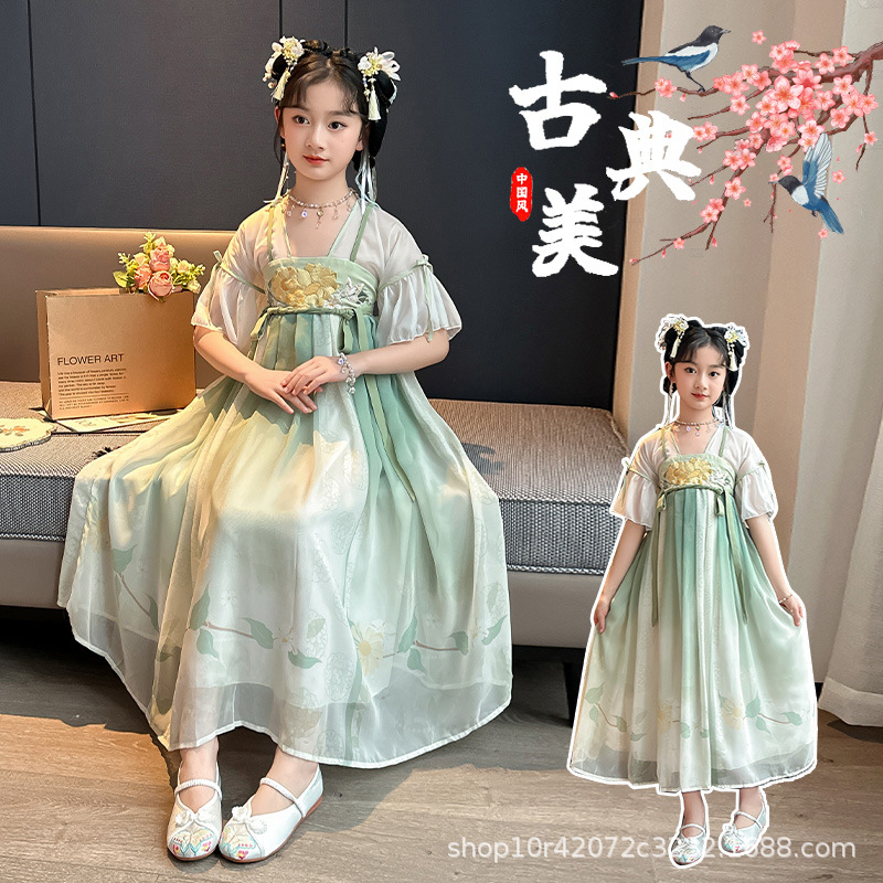 Hanfu Girl Summer Short-Sleeved Dress Summer Ancient Costume Super Fairy Little Girl Fashionable Princess Dress Kidsren's Dress Summer