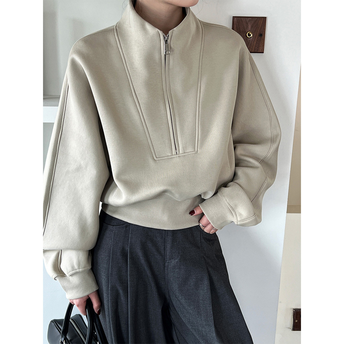 鹿西 半拉链卫衣女高级感2025秋装新款韩系休闲运动高腰上衣2750