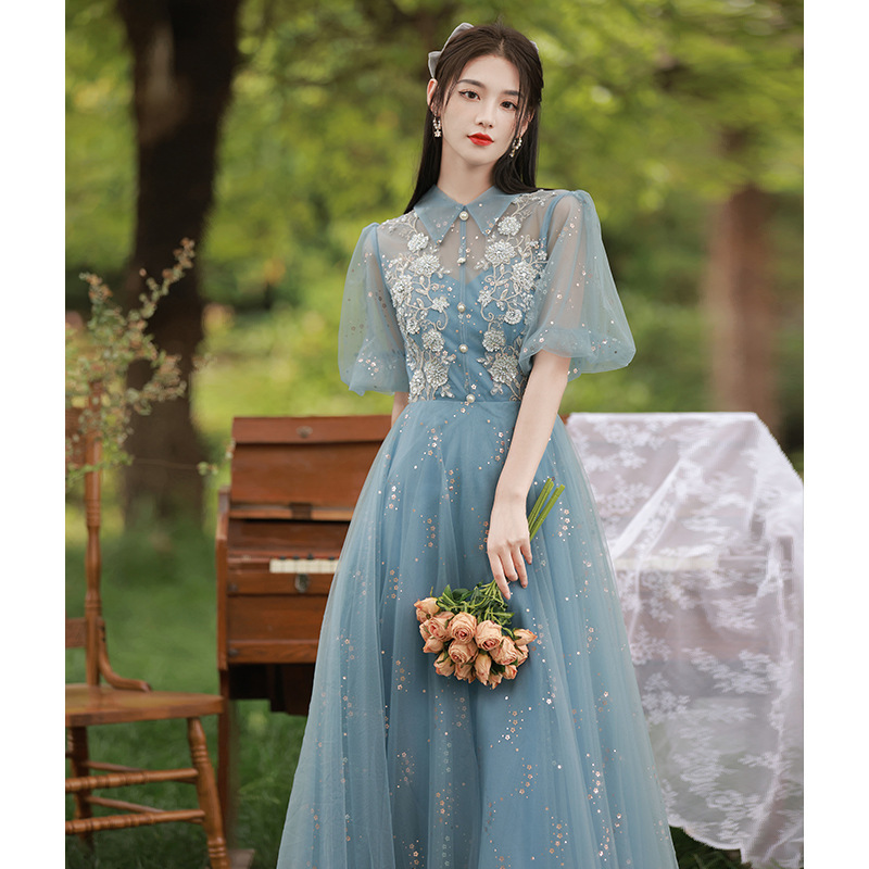 Temperamento vestido de noche 2026 nuevo banquete de verano azul vocal examen de arte damas de honor anfitrionas vestido de mujer