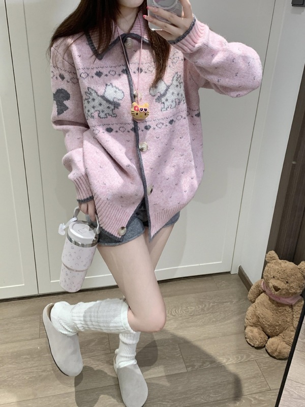 国潮牌秋季新款休闲百搭费尔岛针织开衫花纱小狗提花翻领毛衣外套|undefined