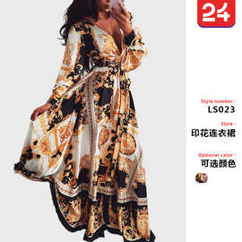 2025跨境跨境晚礼服欧美印花连衣裙 V领套头复古长袖大摆开叉长裙
