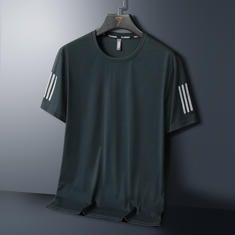 Camiseta transfronteriza de tres barras para hombre de gran tamaño de seda de hielo de manga corta verano delgado transpirable deportivo de secado rápido de media manga superior para correr