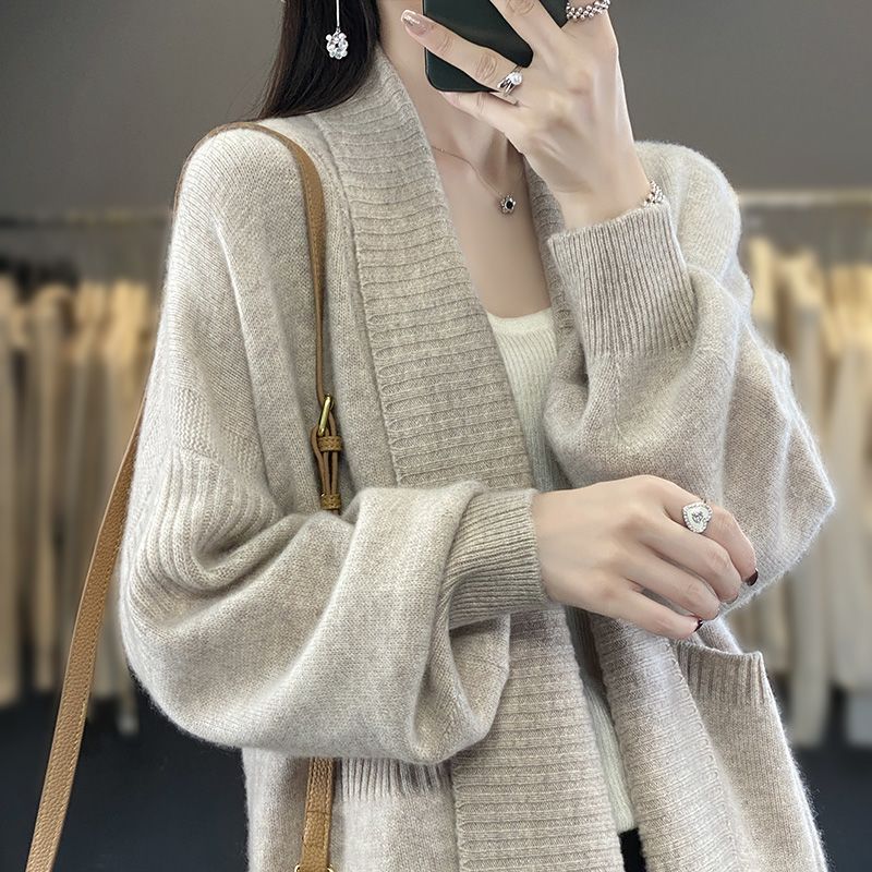秋冬款毛衣外套女100%纯羊毛开衫加厚宽松慵懒风洋气休闲针织大衣