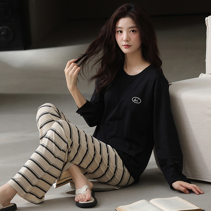 Women's Pajamas Spring and Autumn 2025 New Striped Pure Cotton Long-Sleeve Set with Chest Pads, Suitable for Outerwear, Flared Pants, Loungewear Set Women's Pajamas Spring and Autumn 2025 New Striped Pure Cotton Long-Sleeve Set with Chest Pads, Suitable for Outerwear, Flared Pants, Loungewear Set