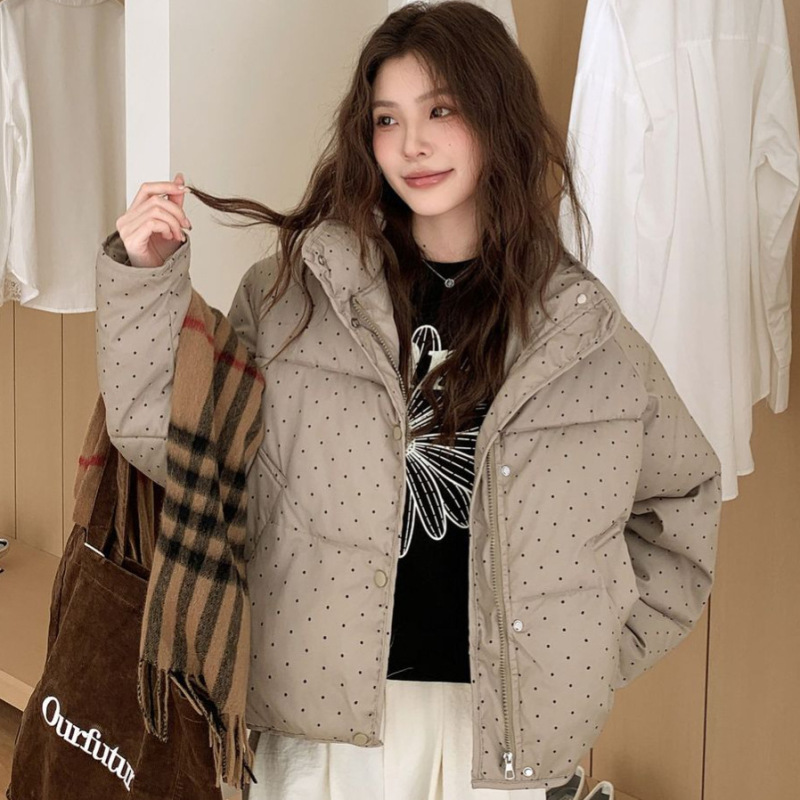 跨境2025冬季日韩系甜美学生波点短款立领面包服学院风棉衣外套女|undefined