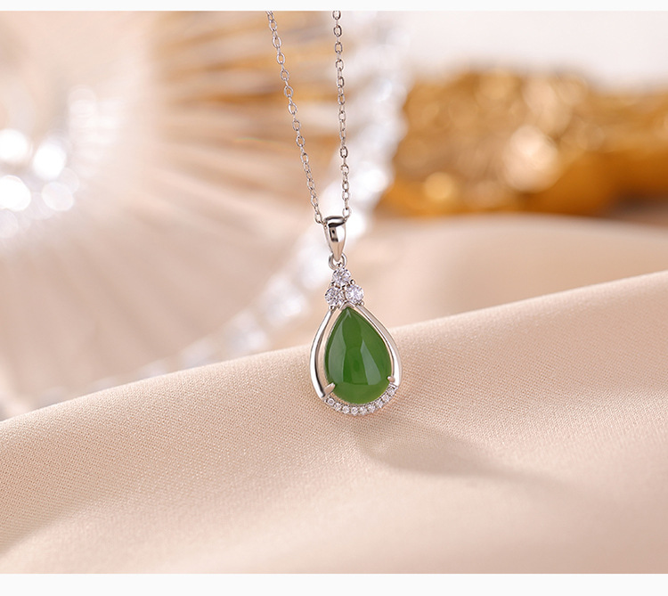 Mặt dây chuyền bạc S925 mạ vàng đá Jasper tự nhiên hình giọt nước dát ánh sáng — Mẫu bạc (không bao gồm dây chuyền) chi tiết 5