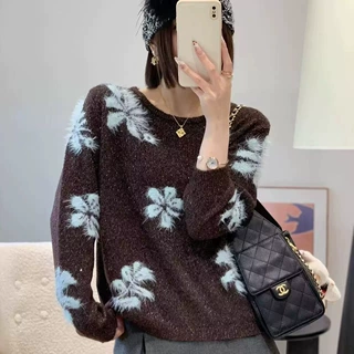 时尚嵌花亮片圆领针织衫女宽松秋装韩系显瘦毛衣洋气百搭打底上衣