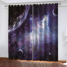 亚马逊跨境卧室高精密夹黑丝遮光打孔窗帘装饰布紫色星空系列厂家