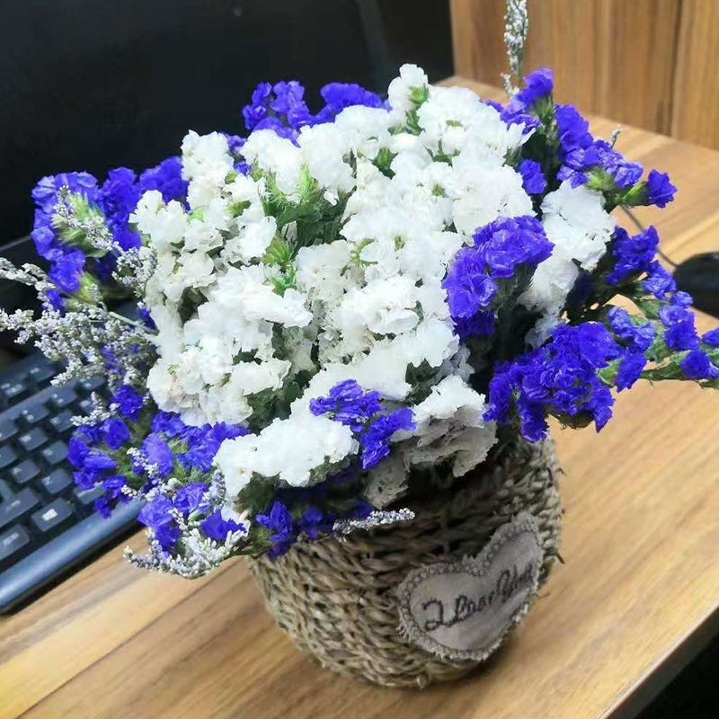 딥 퍼플 화이트 30개 + 러버 그래스 - 둥근 배꼽 꽃바구니 포함