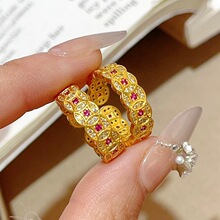 金店爆款黄金色点钻玫红钻钱币戒指沙金开口调节转运铜钱指环批发