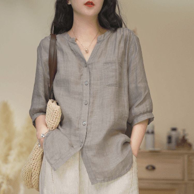 Loose Oversized Top, Summer Minimalist Style, Solid Color V-Neck Twill Ramie Shirt, Women's Fashionable Blouse with Five-Quarter Sleeves