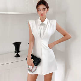 实白色压褶设计感女装2021夏款OL气质修身系带收腰显瘦职业连衣裙