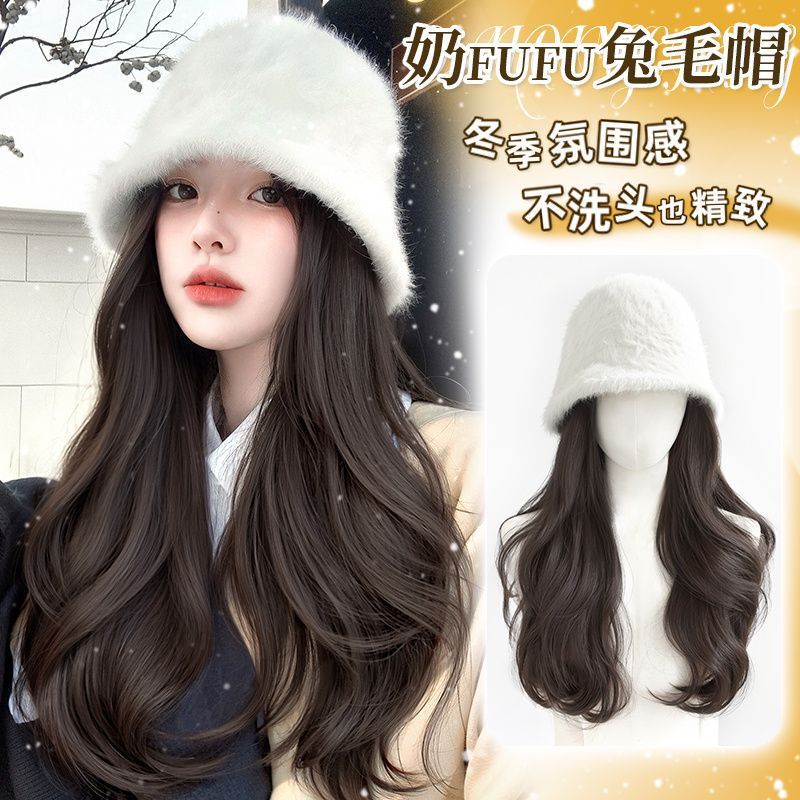 New Autumn and Winter Rabbit Fur Fisherman Hat Wig One-Piece Slightly Curly Big Wave Age-Reducing Atmosphere Hat Wig