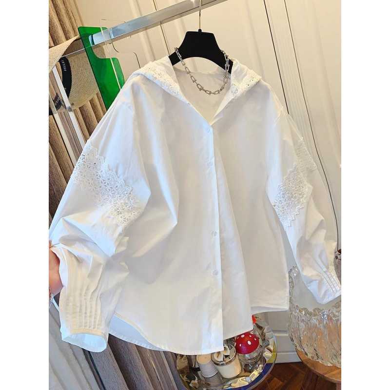Good-Looking French White Lace Hooded Long-Sleeved Shirt Loose Jacket Cardigan Top for Women 2025 Spring & Fall