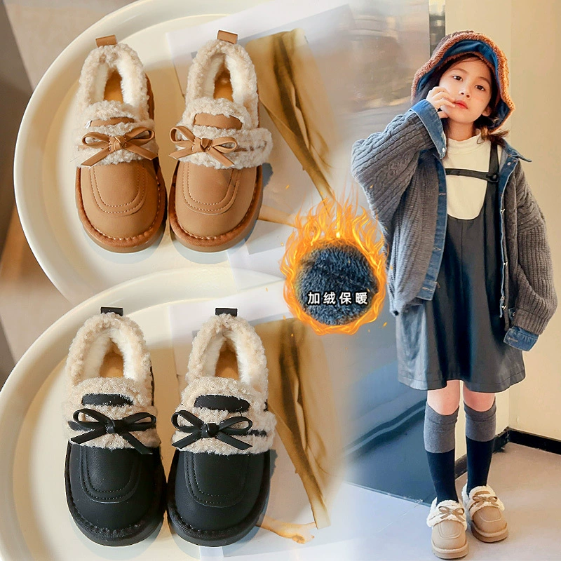 2023 зимняя хлопчатобумажная обувь для девочек в Корейском стиле с бантом, теплые зимние сапоги без шнуровки на флисовой подкладке для маленьких девочек, модные сапоги оптом