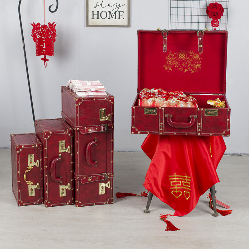 Wedding Box Red Leather Box Internet Red Box Accompanying Box Bride Gift Box Retro Suitcase Password Lock Suitcase