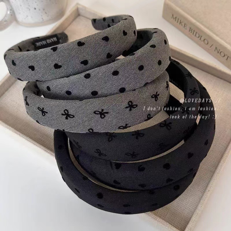 韓國新款質感黑色波點愛心蝴蝶結髮箍甜美時尚頭箍百搭頭飾髮飾