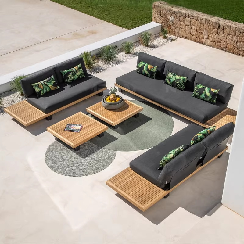 Sofá de teca al aire libre patio a prueba de agua y protección solar diseñador al aire libre villa hotel balcón combinación de muebles de madera anticorrosiva