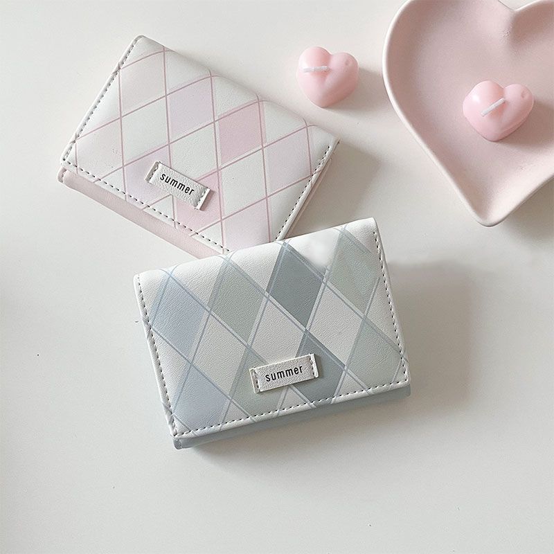 Sea salt blue plaid wallet new style simple ins style Korean multifunctional student wallet coin card bag integrated bag_voghion.com