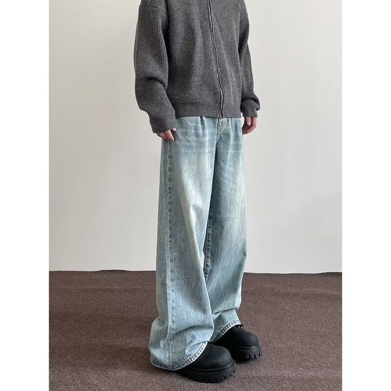 Lazy Style Light Blue Jeans Mid-Waist Drape Fashion Stylish High Street Versatile Loose Straight Casual Long Pants