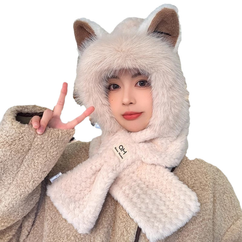 帽子女冬季狐狸耳朵围巾一体帽保暖加厚骑车防风两件套毛绒护耳帽|undefined