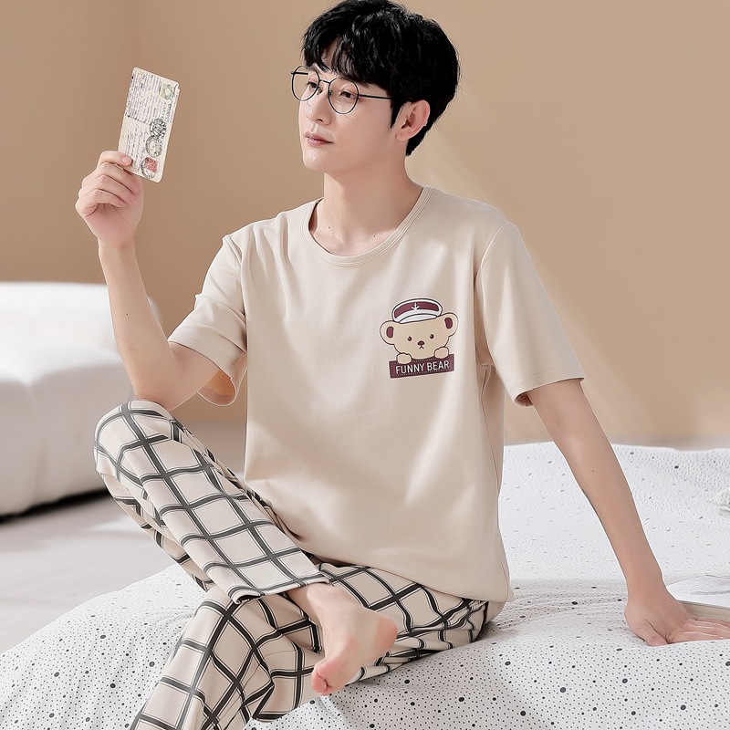 십대 남성 잠옷 반팔 바지 여름 얇은 순면 홈 옷 여름 플러스 사이즈 소년면 세트