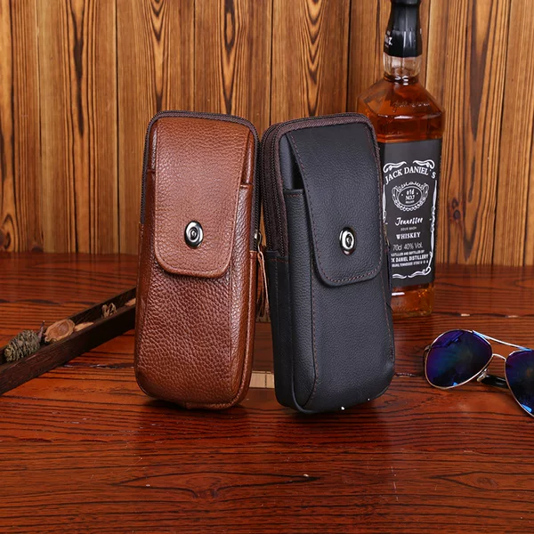 2023 New genuine leather men's wallet multi-functional double zipper portable waist bag outdoor vertical version mobile phone waist bag wholesale
