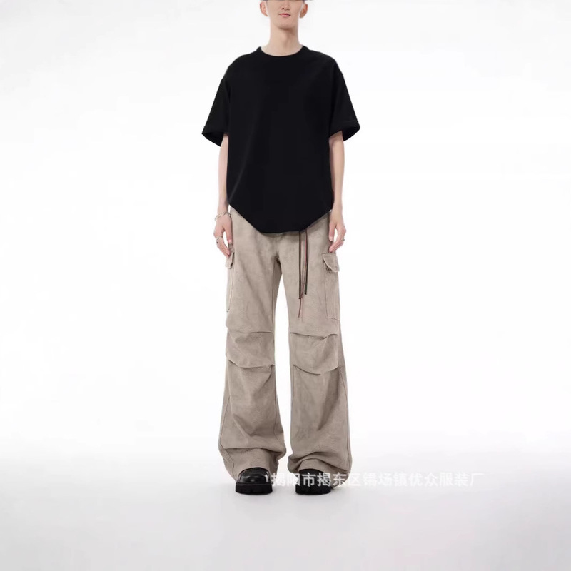 American Style Vintage Marble Pocket Straight Wide Leg Cargo Pants Unisex Loose Cargo Paratrooper Jeans