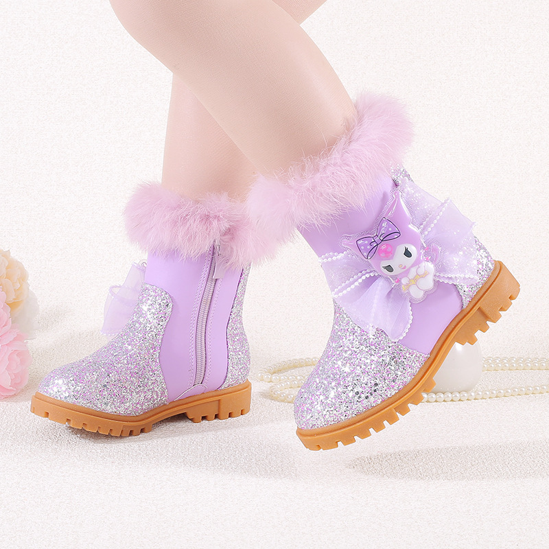 Maergang Girls' Kuromi Princess Short Boots Winter New Children's Velvet Warm Snow Boots Little Girls' Cotton Boots