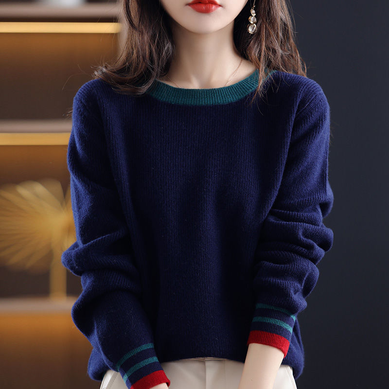 Large Size Color Block Round Neck Sweater Women's Loose Outer Wearing Autumn and Winter New Korean Style Western Style Slimming Top Base Knit Sweater