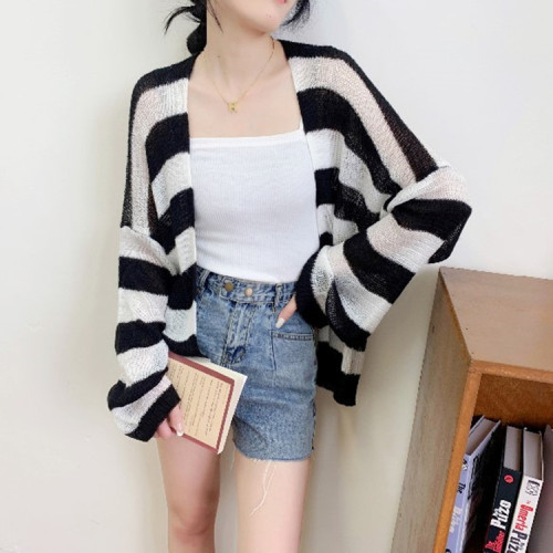 Color-blocked Korean-style cashmere sun-protective long-sleeved loose striped knit cardigan women's top coat