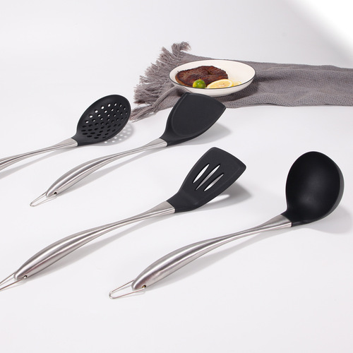 Kitchen Tools Non-stick Spatula, Silicone Kitchenware Set, Stainless Steel Hollow Handle Soup Spoon, Colander, Spatula