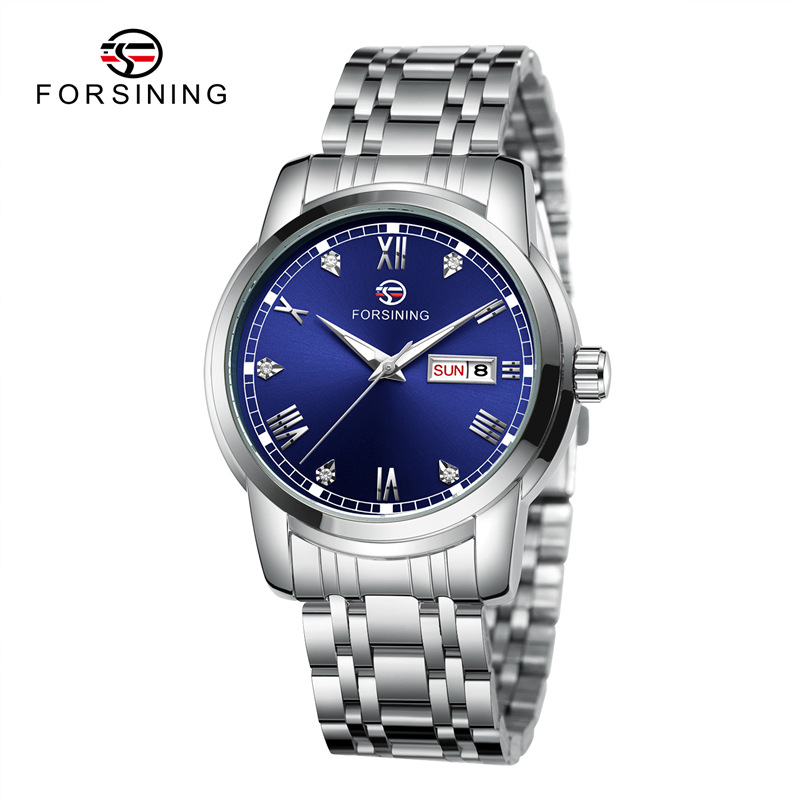 Forsining Fusini 8221 correa de acero reloj casual para hombres reloj mecánico automático calendario semana reloj