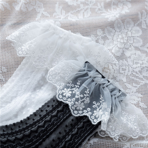 JK-style Lolita Girl Socks, Summer Thin Model, Breathable Mesh Cardigan Socks with Vertical Stripes, Lace Flower Edge, Female Pile Socks