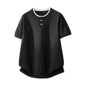 ZH8102-3D 男女同款潮牌拼接时尚通勤假两件亨利领针织短袖T恤，男装针织衫/毛衣，星座614