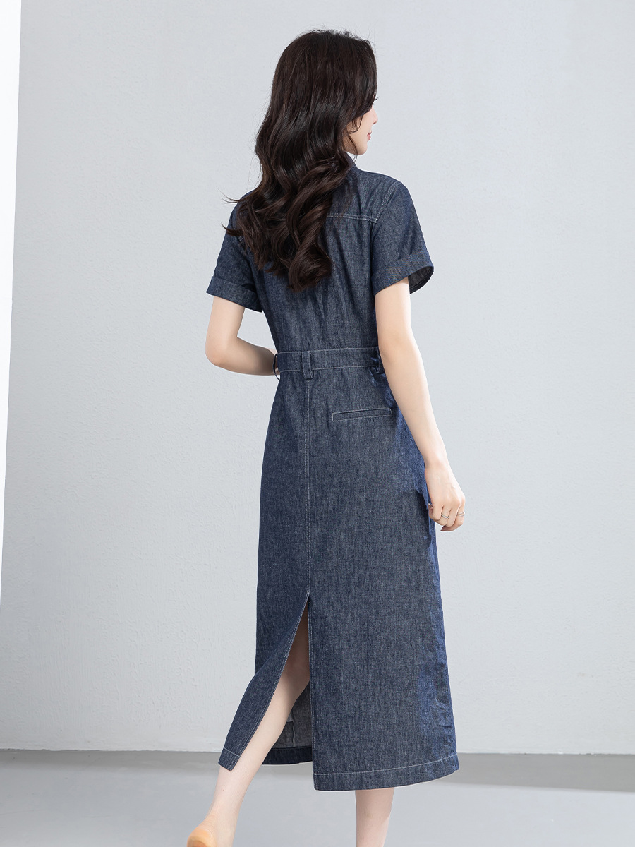 Đầm maxi nữ thắt eo tay ngắn chất liệu cotton pha linen phong cách Pháp — Xanh da trờicolor